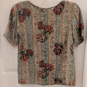 Tess Vintage Silk Striped With Floral Rose Print Women's Short Sleeve Blouse Top